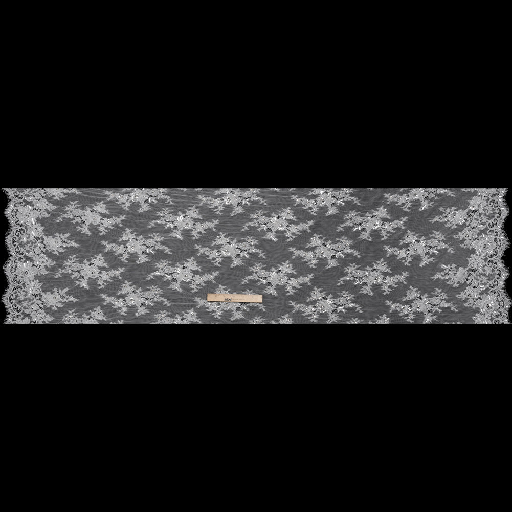 Chantilly Lace with Beads, Sequins and Finished Edges - Off White and Silver Floral - Full