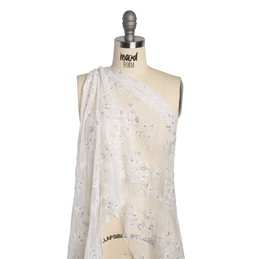 Chantilly Lace with Beads, Sequins and Finished Edges - Off White and Silver Floral - Drape