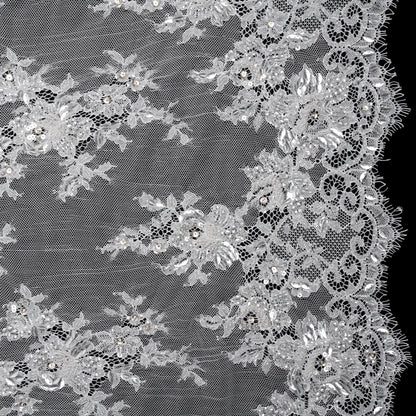 Chantilly Lace with Beads, Sequins and Finished Edges - Off White and Silver Floral