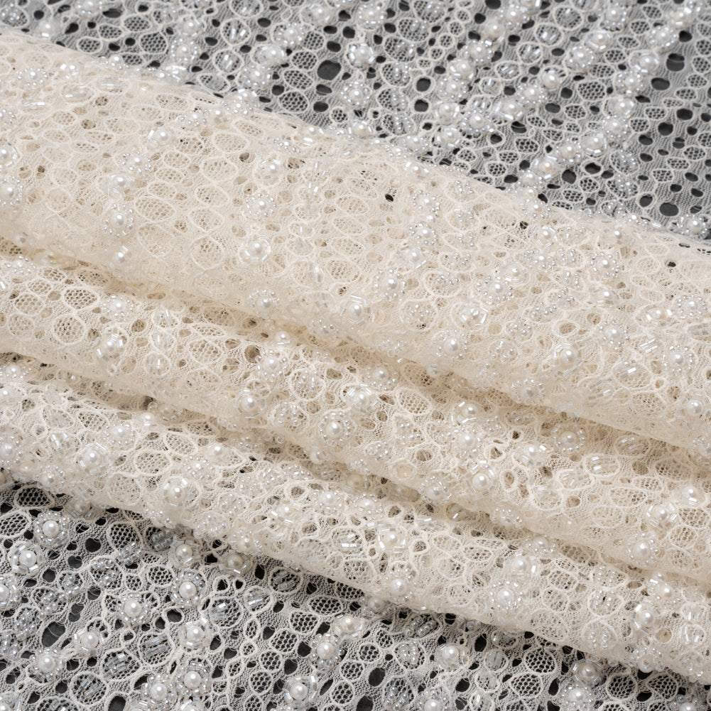 Bridal Lace with Beads, Sequins, and Finished Edges - Off White Wavy Lines Folded