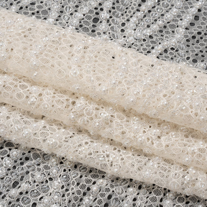 Bridal Lace with Beads, Sequins, and Finished Edges - Off White Wavy Lines Folded