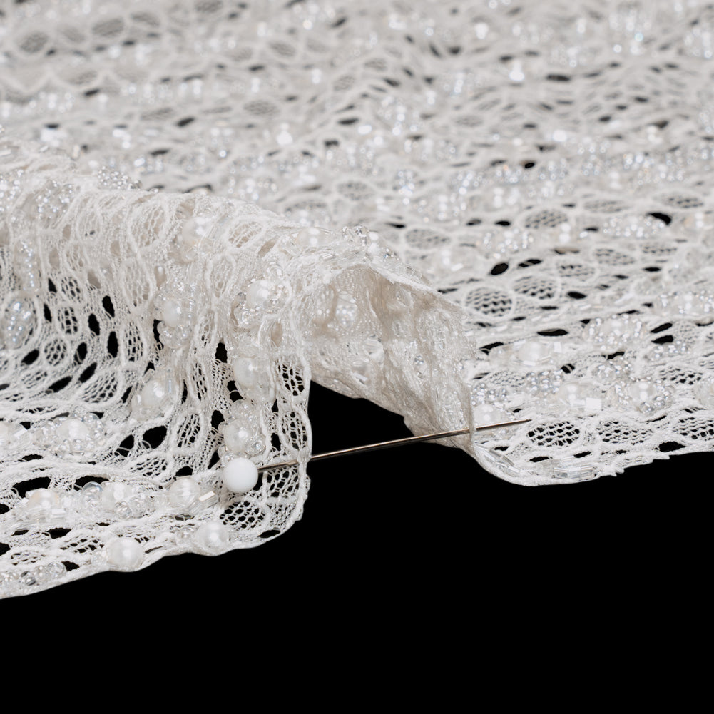 Bridal Lace with Beads, Sequins, and Finished Edges - Off White Wavy Lines Detail