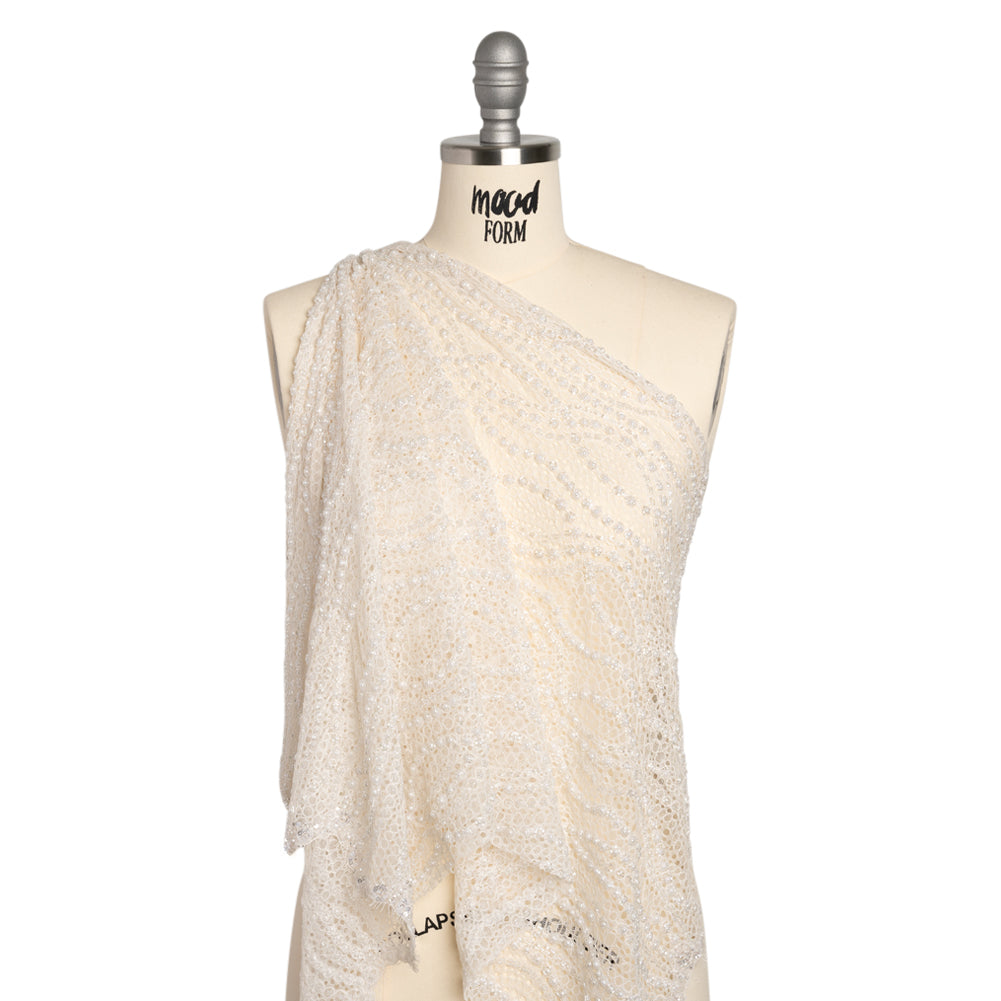 Bridal Lace with Beads, Sequins, and Finished Edges - Off White Wavy Lines Drape