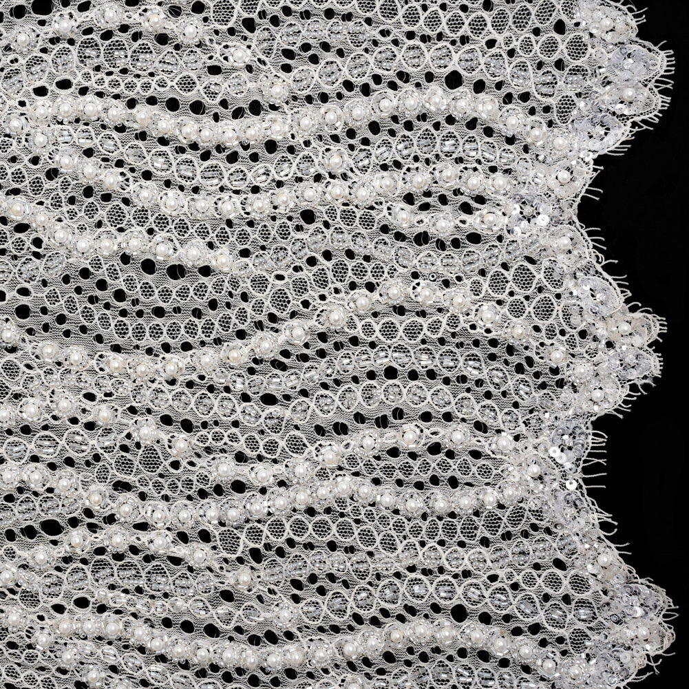 Bridal Lace with Beads, Sequins, and Finished Edges - Off White Wavy Lines