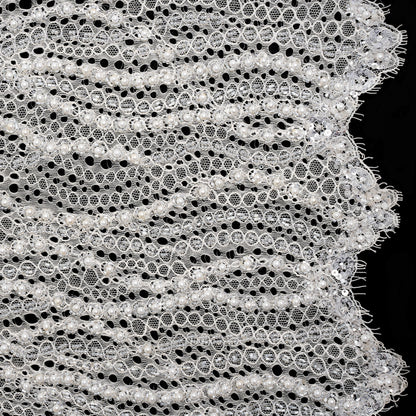 Bridal Lace with Beads, Sequins, and Finished Edges - Off White Wavy Lines
