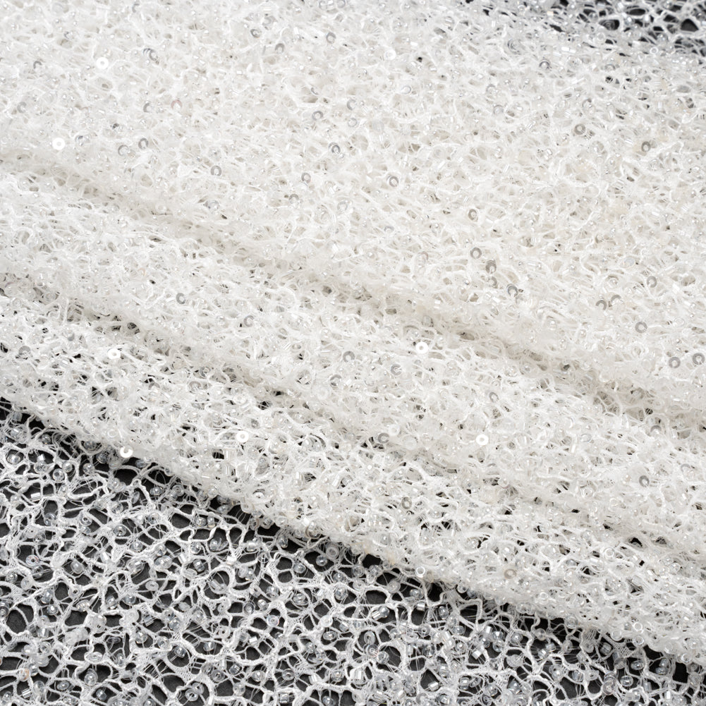 Bridal Lace with Beads and Sequins - White All-Over Abstract Folded
