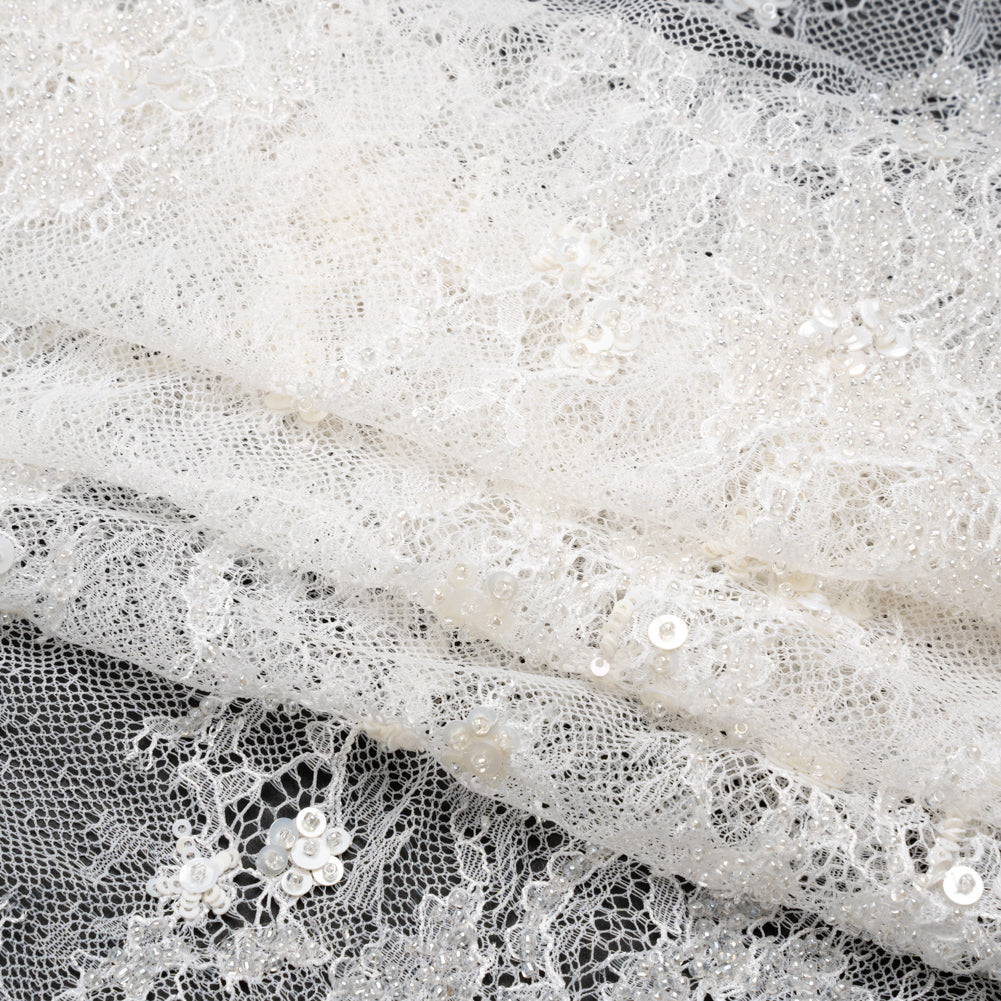 Bridal Lace with Beads, Sequins, and Finished Edges - White Floral Folded