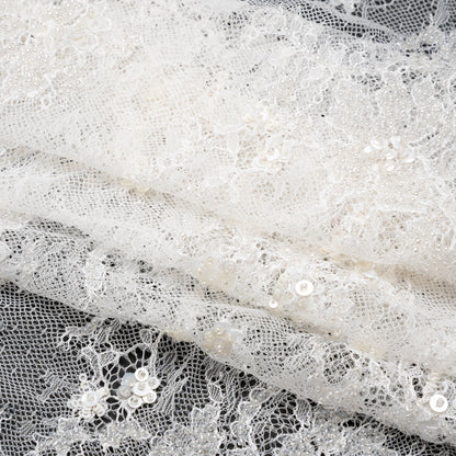 Bridal Lace with Beads, Sequins, and Finished Edges - White Floral Folded