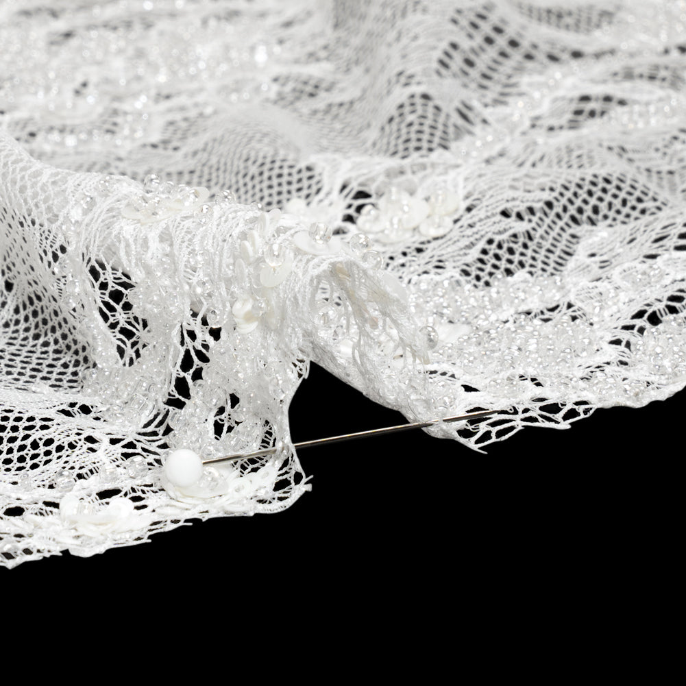 Bridal Lace with Beads, Sequins, and Finished Edges - White Floral Detail