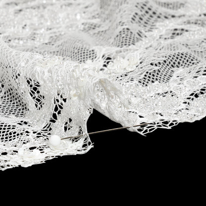 Bridal Lace with Beads, Sequins, and Finished Edges - White Floral Detail