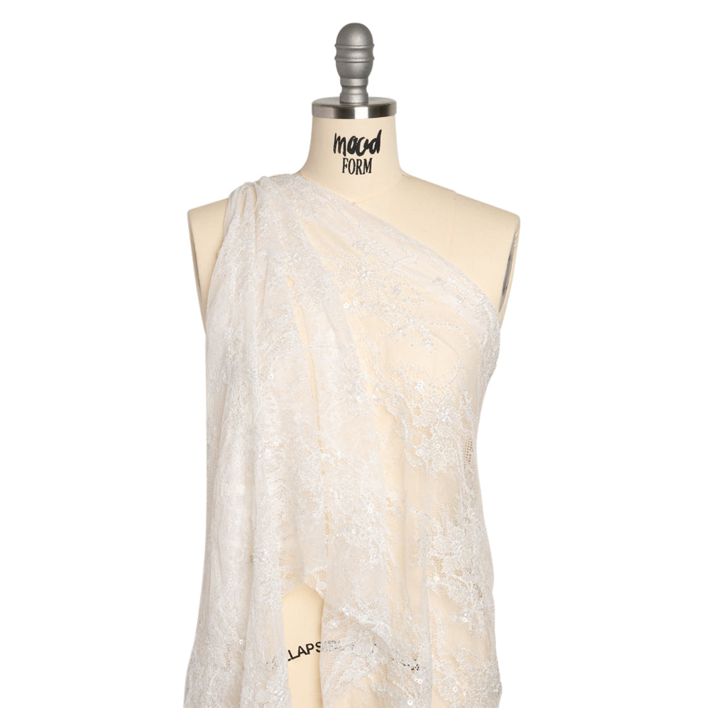Bridal Lace with Beads, Sequins, and Finished Edges - White Floral Drape