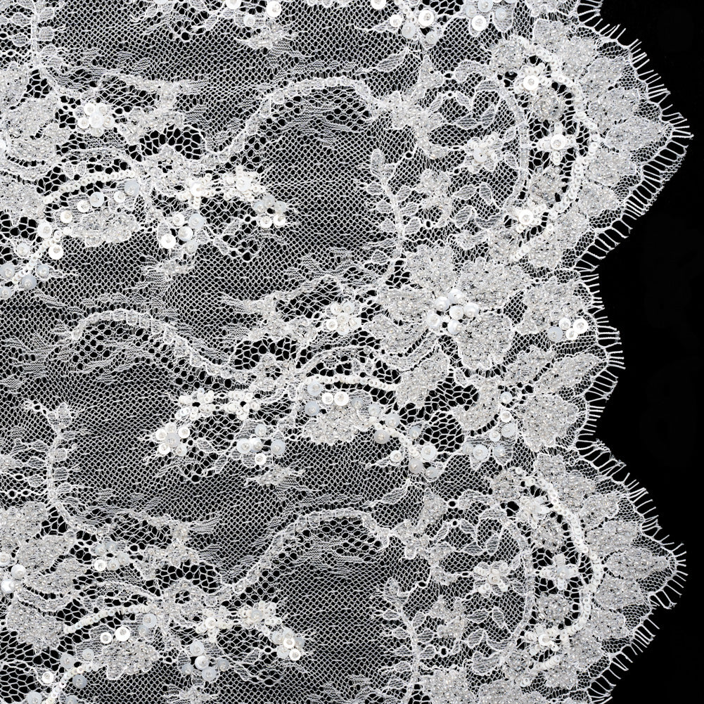 Bridal Lace with Beads, Sequins, and Finished Edges - White Floral