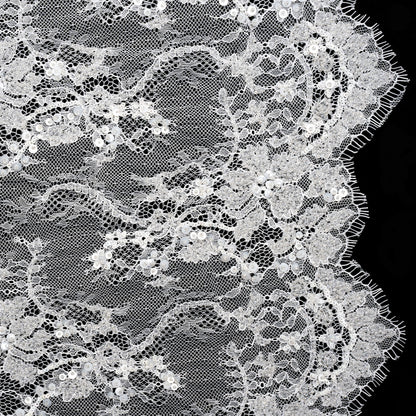 Bridal Lace with Beads, Sequins, and Finished Edges - White Floral