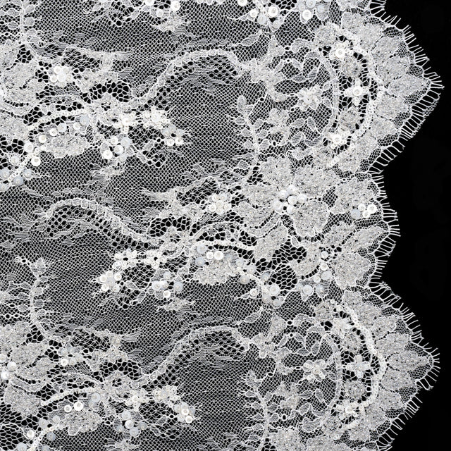 Bridal Lace with Beads, Sequins, and Finished Edges - White Floral