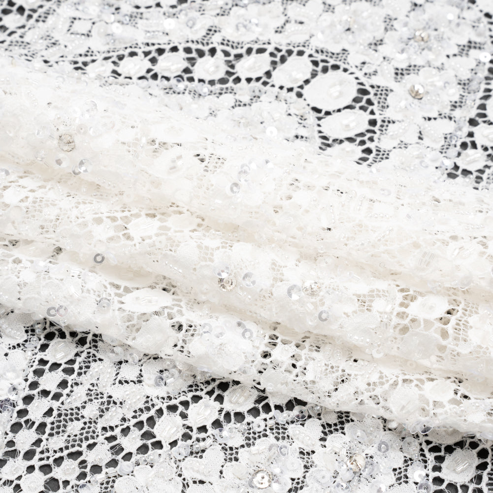 Bridal Lace with Beads, Sequins, and Finished Edge - Off White Floral Archways Folded