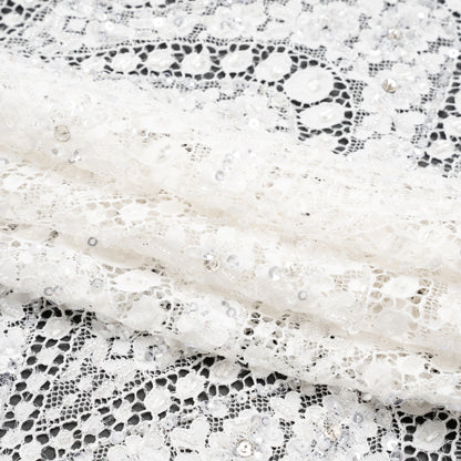 Bridal Lace with Beads, Sequins, and Finished Edge - Off White Floral Archways Folded