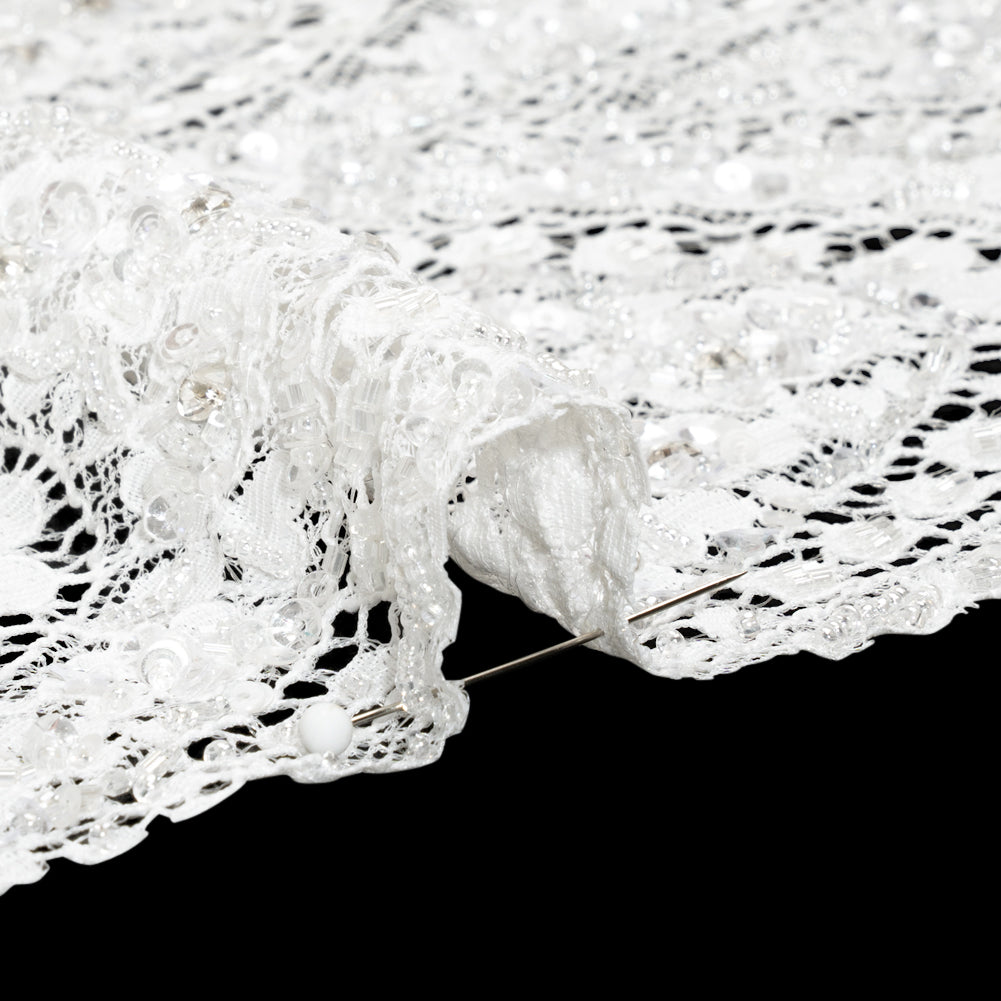 Bridal Lace with Beads, Sequins, and Finished Edge - Off White Floral Archways Detail