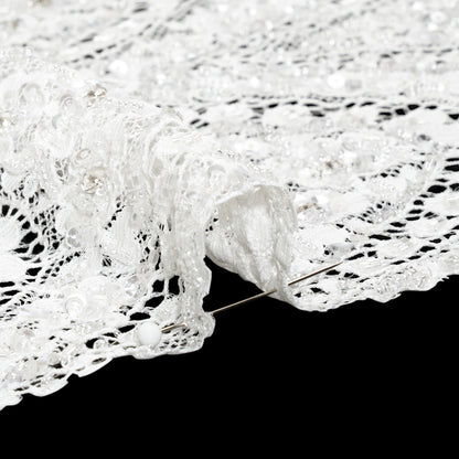 Bridal Lace with Beads, Sequins, and Finished Edge - Off White Floral Archways Detail