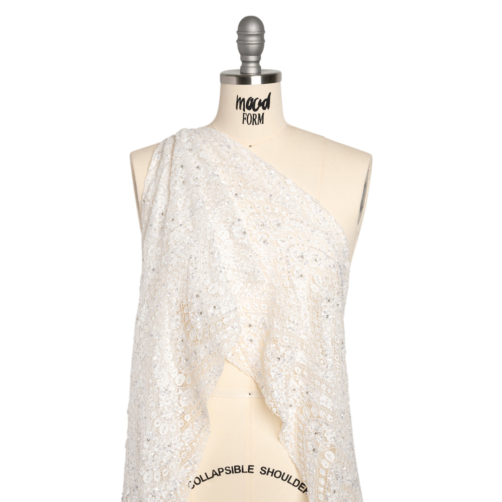 Bridal Lace with Beads, Sequins, and Finished Edge - Off White Floral Archways Drape