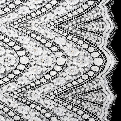 Bridal Lace with Beads, Sequins, and Finished Edge - Off White Floral Archways