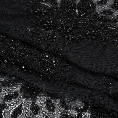 Beaded Lace with Sequin Studs and Finished Edges - Black Fantastical Florals Folded
