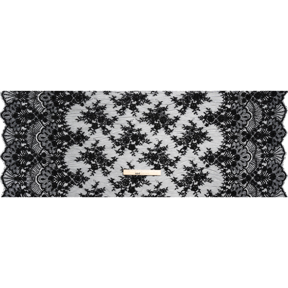 Beaded Lace with Sequin Studs and Finished Edges - Black Fantastical Florals Full