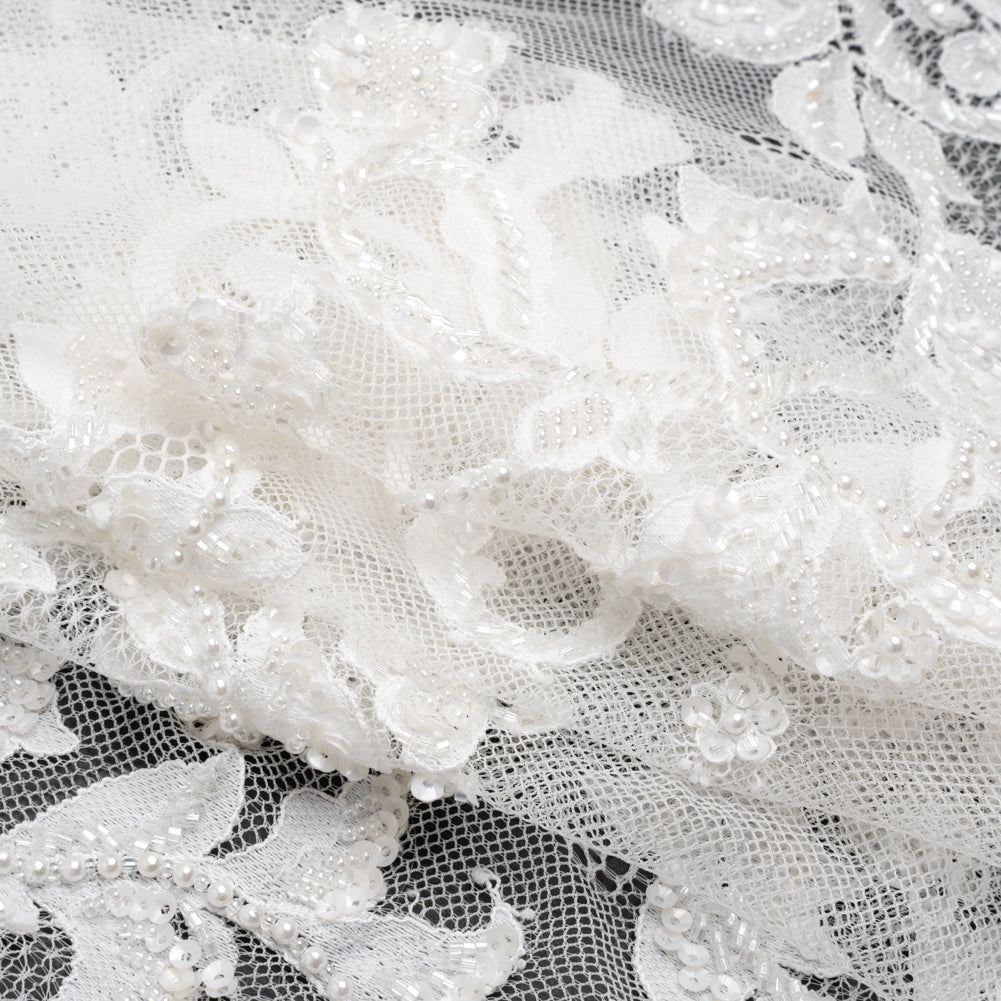 Chantilly Lace with Beads, Sequins, and Finished Edges - White and Ivory Flowering Vines Folded