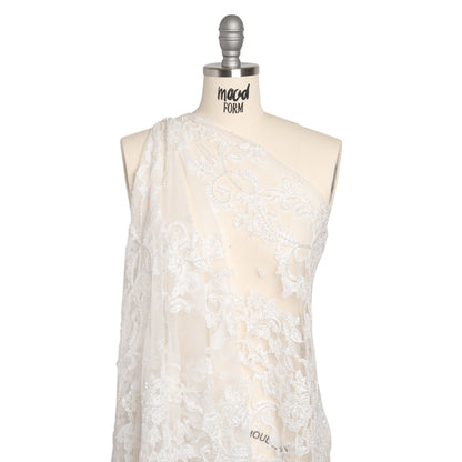 Chantilly Lace with Beads, Sequins, and Finished Edges - White and Ivory Flowering Vines Drape