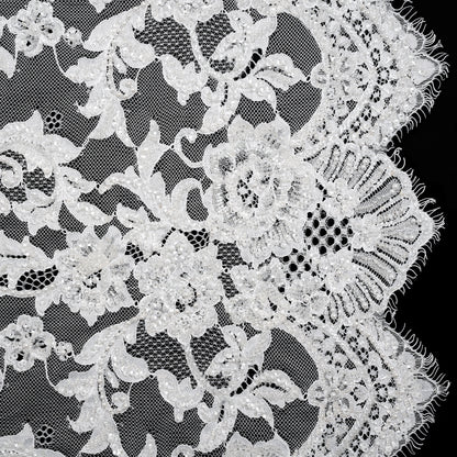 Chantilly Lace with Beads, Sequins, and Finished Edges - White and Ivory Flowering Vines