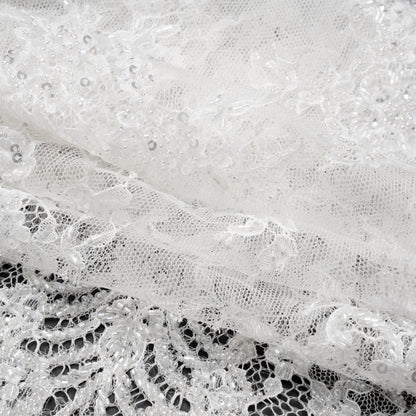 Chantilly Lace with Beads, Sequins, and Scalloped Finished Edges - White Floral Folded