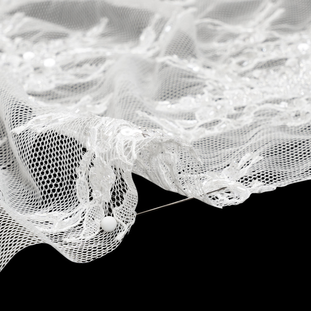 Chantilly Lace with Beads, Sequins, and Scalloped Finished Edges - White Floral Detail