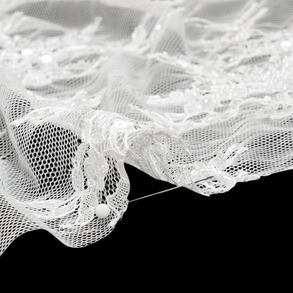Chantilly Lace with Beads, Sequins, and Scalloped Finished Edges - White Floral Detail