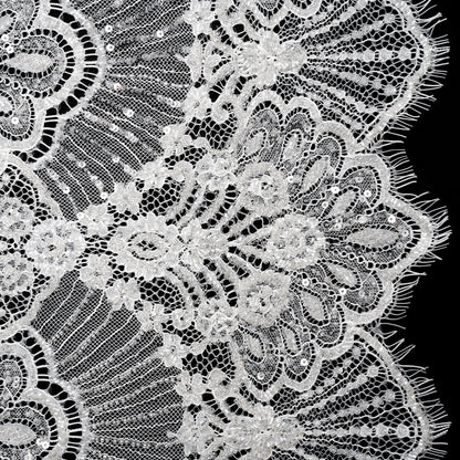 Chantilly Lace with Beads, Sequins, and Scalloped Finished Edges - White Floral