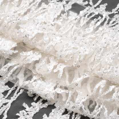 Embroidered Lace with Beads and Sequins - Off-White Abstract Lines Folded