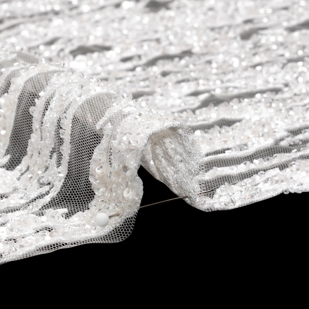 Embroidered Lace with Beads and Sequins - Off-White Abstract Lines Detail