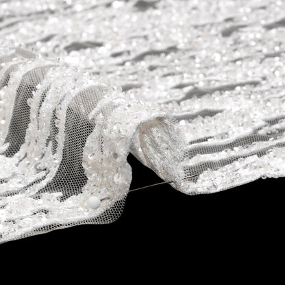 Embroidered Lace with Beads and Sequins - Off-White Abstract Lines Detail