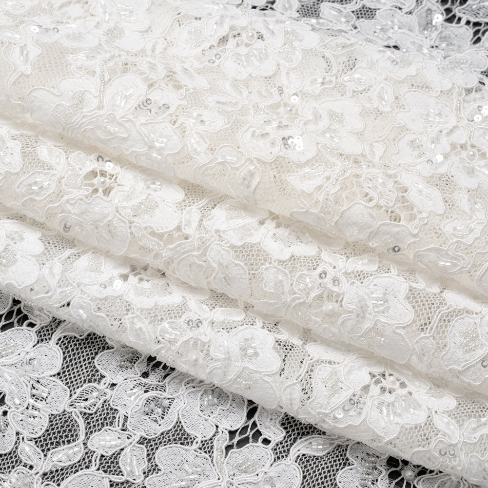 Corded Lace with Beads, Sequins and Finished Edges - Off White Floral Folded
