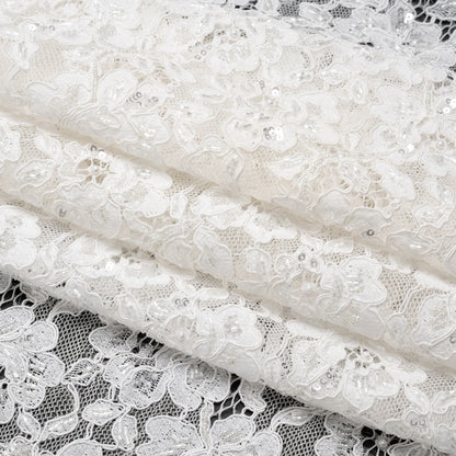 Corded Lace with Beads, Sequins and Finished Edges - Off White Floral Folded