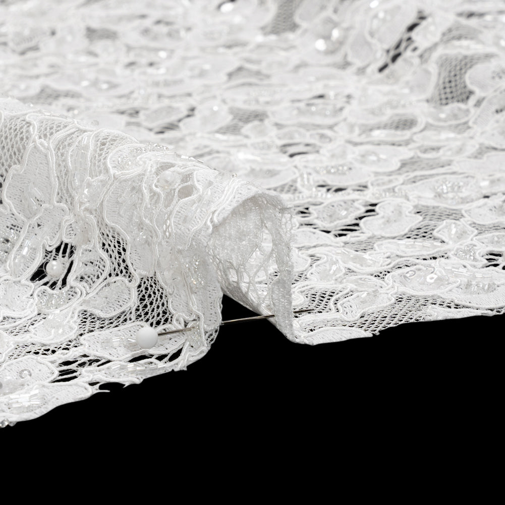 Corded Lace with Beads, Sequins and Finished Edges - Off White Floral Detail