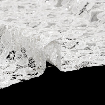 Corded Lace with Beads, Sequins and Finished Edges - Off White Floral Detail