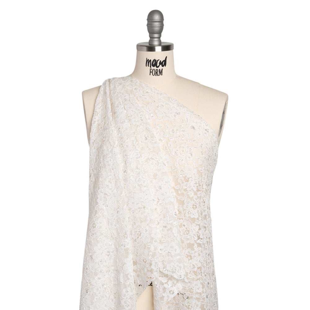 Corded Lace with Beads, Sequins and Finished Edges - Off White Floral Drape
