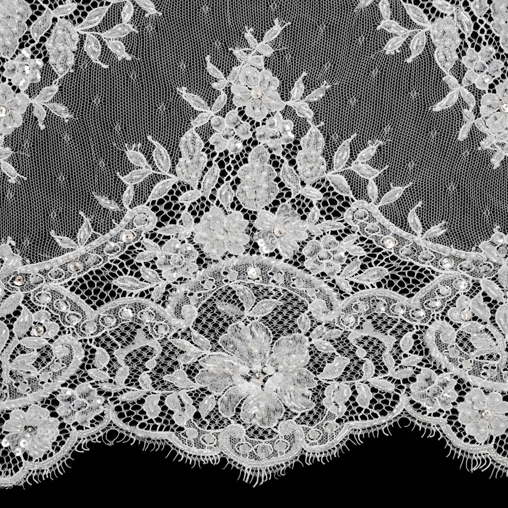Beaded Bridal Lace Trim with Scalloped Edges - White Floral - 13" Folded