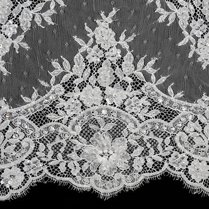 Beaded Bridal Lace Trim with Scalloped Edges - White Floral - 13" Folded