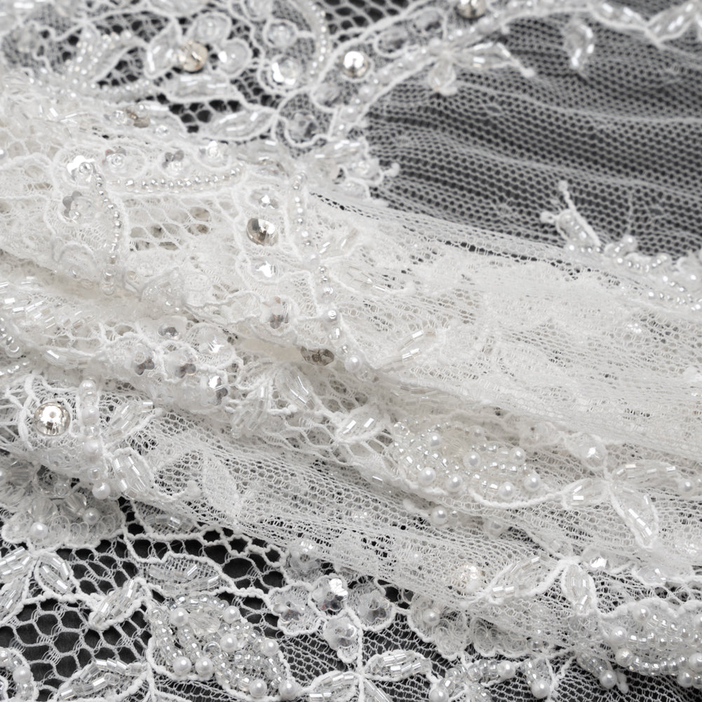 Beaded Bridal Lace Trim with Scalloped Edges - White Floral - 13" Detail