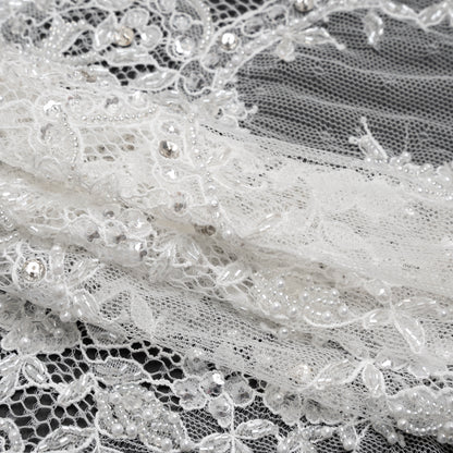 Beaded Bridal Lace Trim with Scalloped Edges - White Floral - 13" Detail