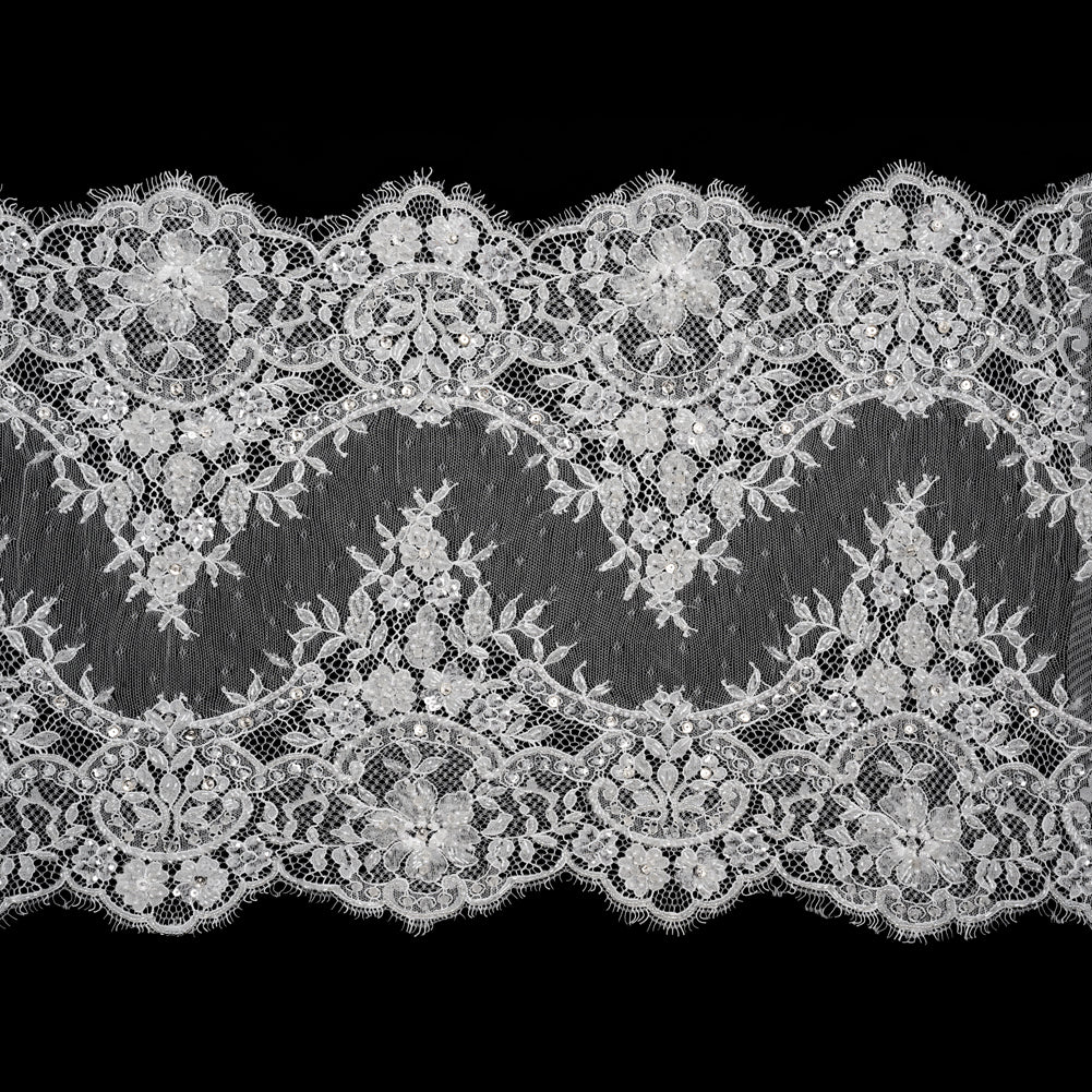 Beaded Bridal Lace Trim with Scalloped Edges - White Floral - 13"