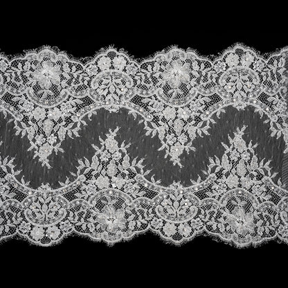 Beaded Bridal Lace Trim with Scalloped Edges - White Floral - 13"
