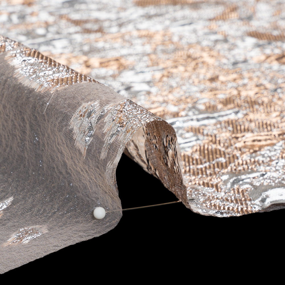 Metallic Burnout Luxury Brocade - Peach and Silver Abstract Crinkled Borders