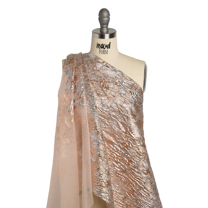 Metallic Burnout Luxury Brocade - Peach and Silver Abstract Crinkled Borders