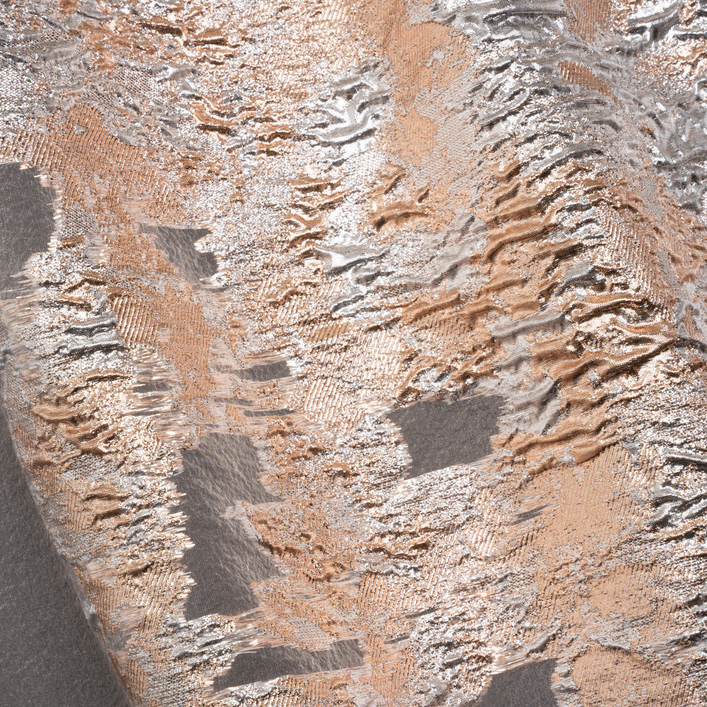 Metallic Burnout Luxury Brocade - Peach and Silver Abstract Crinkled Borders